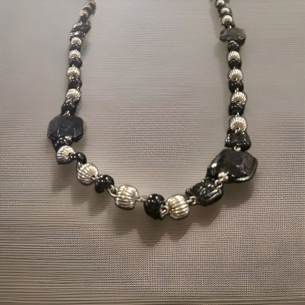 Black Silver Tone Beaded Necklace Plastic Metal Strand Fashion Costume 36"